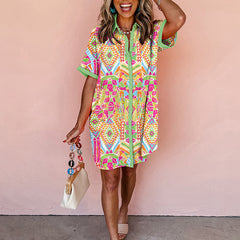 Women's Loose Fit Geometric Print Short Sleeve Dress - Casual Summer Button Front Dress, Comfortable & Stylish