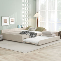 Queen Size Upholstered Platform Bed with USB and Twin Size Trundle - Beige