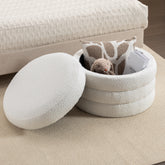 Boucle Fabric Storage Round Ottoman Footstool With Wooden Shelving, Ivory