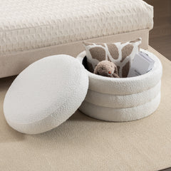 Boucle Fabric Storage Round Ottoman Footstool With Wooden Shelving, Ivory