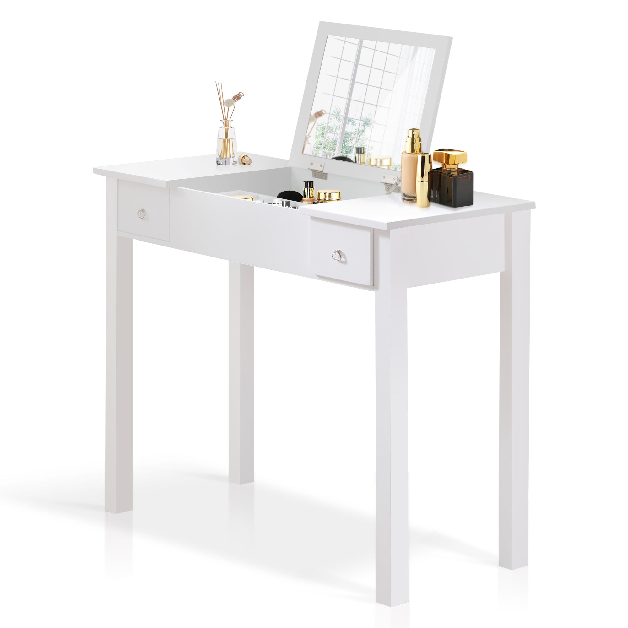 Accent White Vanity Table with Flip-Top Mirror and 2 Drawers