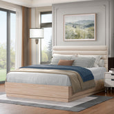 Queen Wood Bed Frame with Boucle Fabric Upholstered Headboard