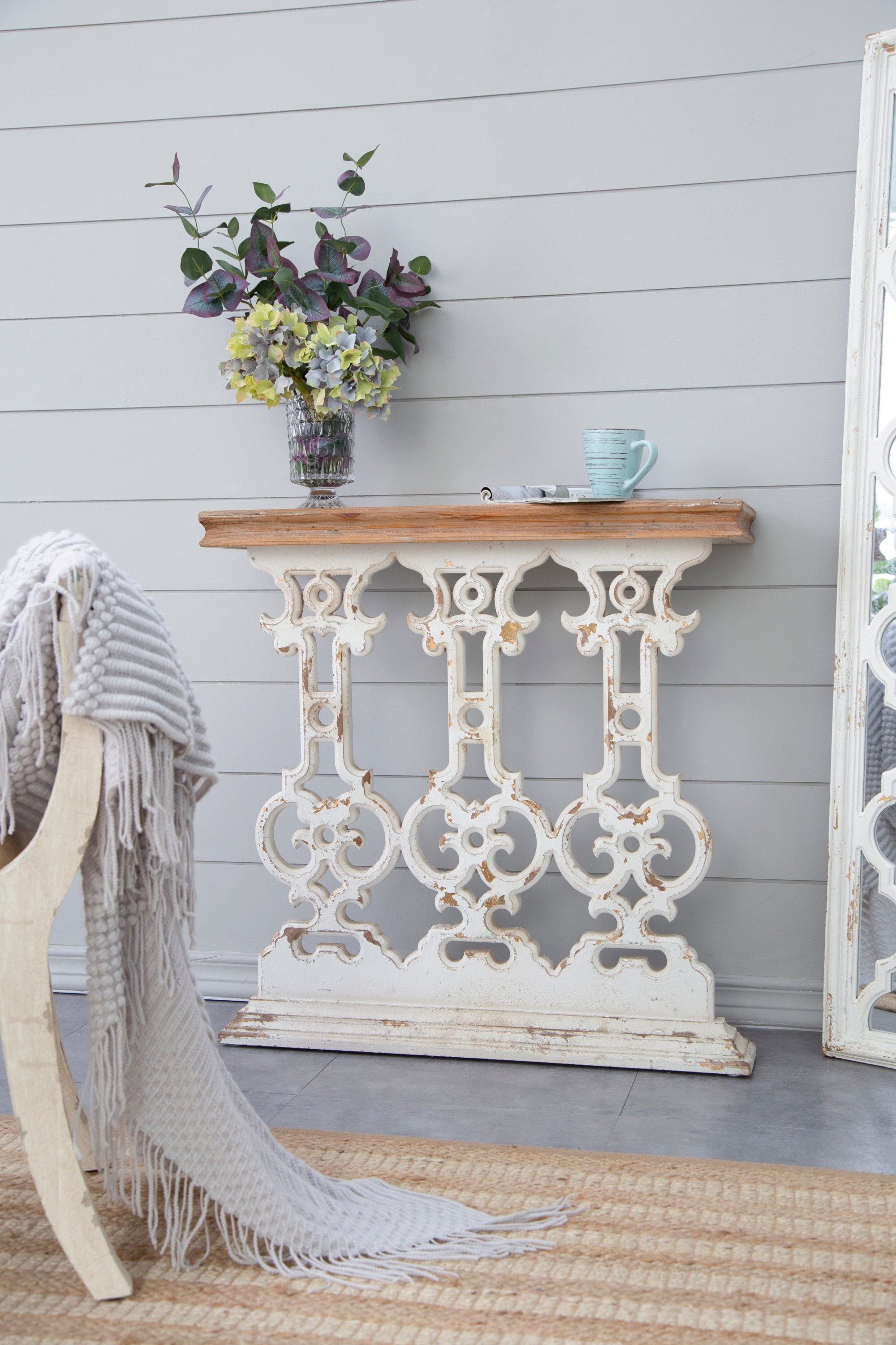 Classic Vintage White Wash Console Table with Brown Wood Top 32"x12"x32"