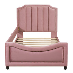 Twin Size Upholstered Daybed with Classic Stripe Shaped Headboard - Pink