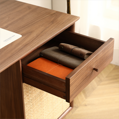 Black Walnut Desk with Natural Rattan Net with Storage