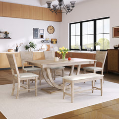 Modern Style 6-Piece Wood Half Round Dining Table Set with Long Bench and 4 Dining Chairs - Natural