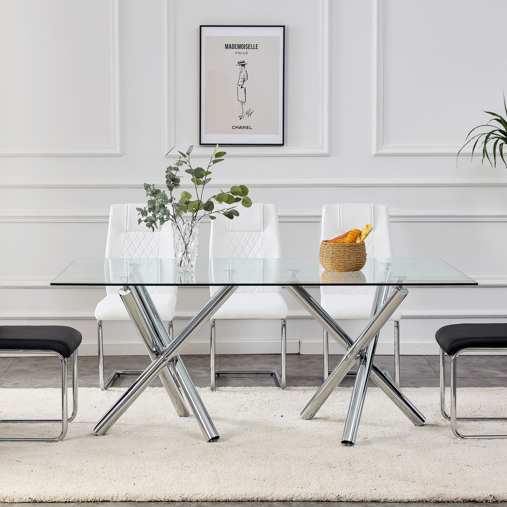 Modern Minimalist Rectangular Glass Dining Table for 6-8 with 0.39" Tempered Glass Tabletop and Silver Chrome Metal Legs