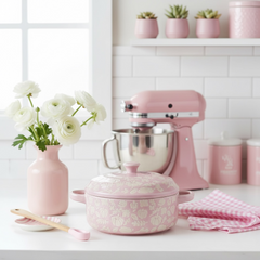 Pink Covered Brie Mini Baker (Stoneware) with Spreader (Stainless Steel & Wood Handle 6.5 inch)