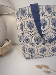 French Provençale Style Tote Bag 14" tall Eco-Friendly botanical floral print - Blue and White