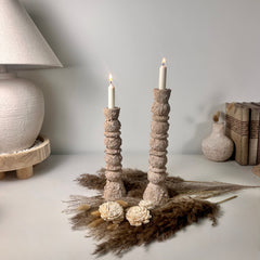 Set of 2 candlestick holders hand-painted and textured minimalist rustic style 12" tall and 10" tall - Tan Beige
