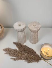 Set of 2 Textured Hand-Painted Candlestick 10" tall - Beige Washed