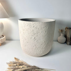Minimalist Hand-Painted & Textured Planter Pot 14" tall with drainage hole one time creation - Cream
