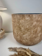 Rustic Hand-Painted & Textured Planter 12" tall with drainage hole one time creation - Brown washed