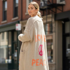 Cozy Women's Love Peace Graphic Oversized Cardigan Sweater Long Sleeve