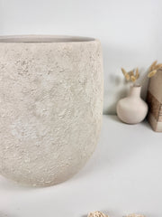 Minimalist Hand-Painted & Textured Planter Pot 12.5" tall with drainage hole one time creation - Cream Linen wash