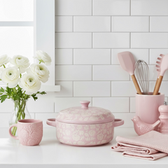 Pink Covered Brie Mini Baker (Stoneware) with Spreader (Stainless Steel & Wood Handle 6.5 inch)