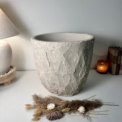 Minimalist Hand-Painted & Textured Planter Pot 14" tall with drainage hole one time creation - Cream