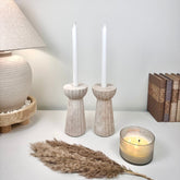 Set of 2 Textured Hand-Painted Candlestick 10" tall - Beige Washed