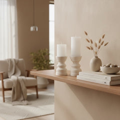 Set of 2 Candle Holders Minimalist Style Hand-Painted and Textured Wood 6" tall each - Cream White