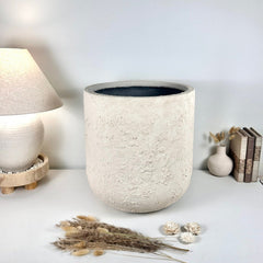 Minimalist Hand-Painted & Textured Planter Pot 17.5" tall with drainage hole one time creation - cream