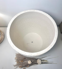 17" tall Minimalist Hand-Painted & Textured Planter Pot with Drainage Hole one time creation - cream sand wash