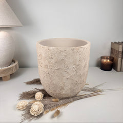 9" tall Minimalist Hand-Painted & Textured Planter Pot with drainage hole - Sand wash