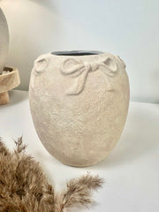 Minimalist Style Ceramic Vase with Bow 7", Painted and Textured by Hand - Cream Sand Washed