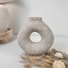 Ceramic Hand-Painted 9.5" tall Vase Donut Shape - Beige wash