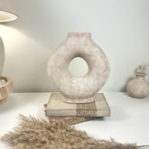 Handmade Minimalist Donut Textured Ceramic Vase - Light Beige washed 9.5" tall