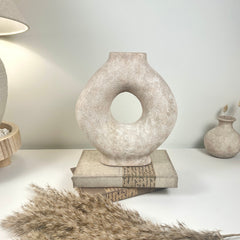 Handmade Minimalist Donut Textured Ceramic Vase - Light Beige washed 9.5" tall