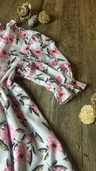 Floral Print Babydoll Dress, Mock Neck, 3/4 Puff Sleeves, White with Pink Flowers