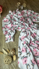 Floral Print Babydoll Dress, Mock Neck, 3/4 Puff Sleeves, White with Pink Flowers