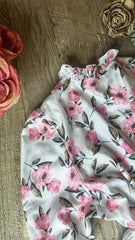 Floral Print Babydoll Dress, Mock Neck, 3/4 Puff Sleeves, White with Pink Flowers