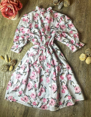 Floral Print Babydoll Dress, Mock Neck, 3/4 Puff Sleeves, White with Pink Flowers