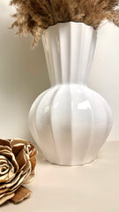 French Contemporary White Ribbed Ceramic Vase 11.5"