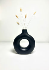 Traditional Chinese Ceramic Vase, Black Matte Donut Shape Minimalist Design 9" tall