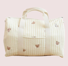 Quilted Diaper Bag with Bear Pattern, Large Capacity Travel Tote, Beige
