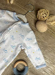 Baby Footed Sleeper, White with Blue Puppy Print, Long Sleeve Zip-Up Romper 6 months