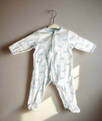 Baby Footed Sleeper, White with Blue Puppy Print, Long Sleeve Zip-Up Romper 6 months
