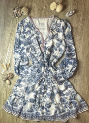 Women's French Style Floral Print Dress, Long Sleeve, White and Navy Blue