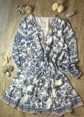 Women's French Style Floral Print Dress, Long Sleeve, White and Navy Blue