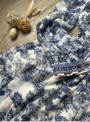 Women's French Style Floral Print Dress, Long Sleeve, White and Navy Blue