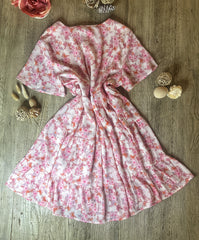 Womens Spring Summer Casual Flowy Boho Floral Mini Dress Trendy V Neck - Pink