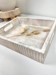 Boho Handmade Serving Wooden Tray Whitewash with stripes 12"