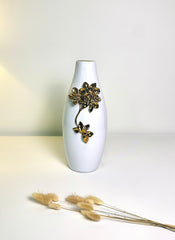 Modern Ceramic Vase with Gold Flower Decoration, White, 13 Inch