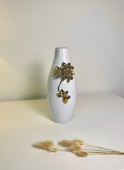 Modern Ceramic Vase with Gold Flower Decoration, White, 13 Inch