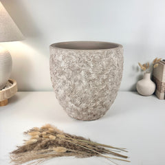 Minimalist Hand-Painted & Textured Planter Pot 13.5" tall with drainage hole one time creation - Beige washed