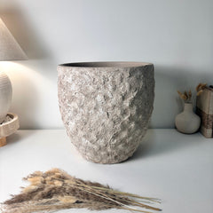 Minimalist Hand-Painted & Textured Planter Pot 13.5" tall with drainage hole one time creation - Beige washed