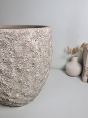 Minimalist Hand-Painted & Textured Planter Pot 13.5" tall with drainage hole one time creation - Beige washed