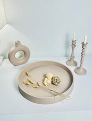 Round Wood Tray and Set of 2 Candle Holders - Tan Matte